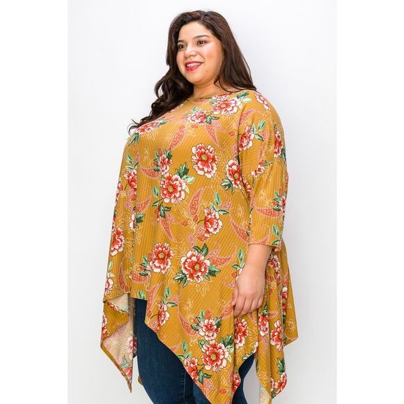 055 Curvy Lovey Flower Print Side Drape Tunic Top in Mustard - Picture 2 of 5